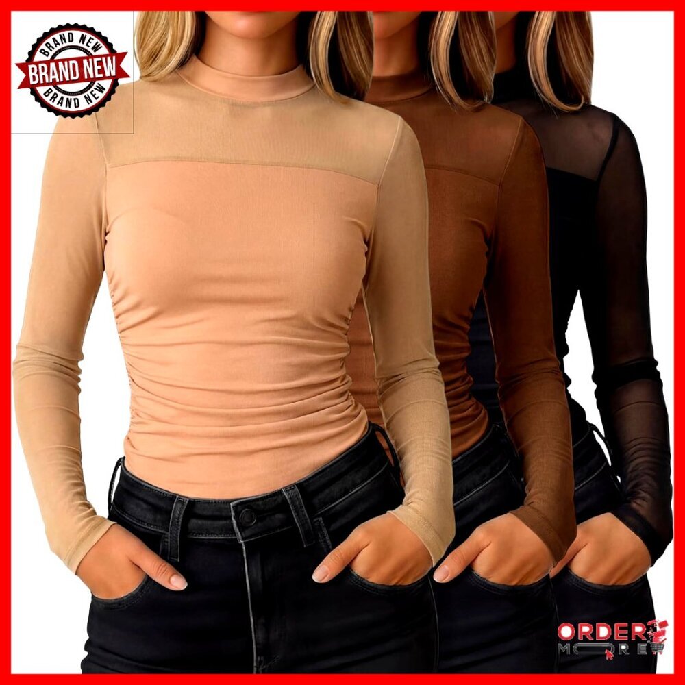 3 Pack Sheer Mesh Tops Long Sleeve Mock Neck Ruched Blouse Party Wear